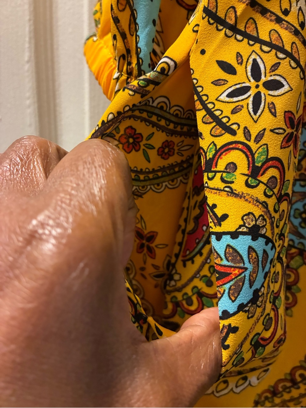 NWT New York & Company Bright Yellow Paisley Trim Wrap Dress flowy sleeves - Picture 7 of 9